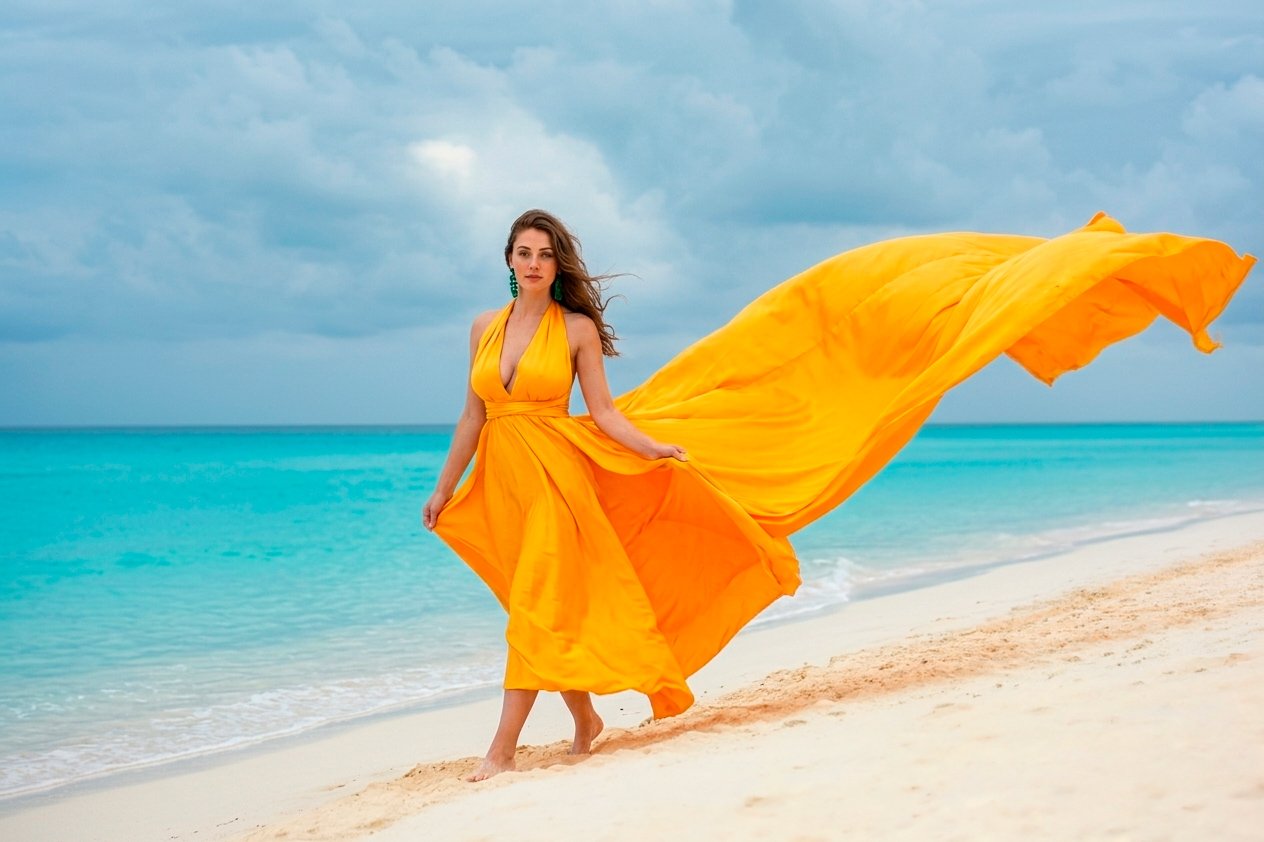 Flying dress photoshoot on a Cancun beach by Pro Art Photographers